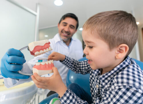 Dentist and boy playing with dentures