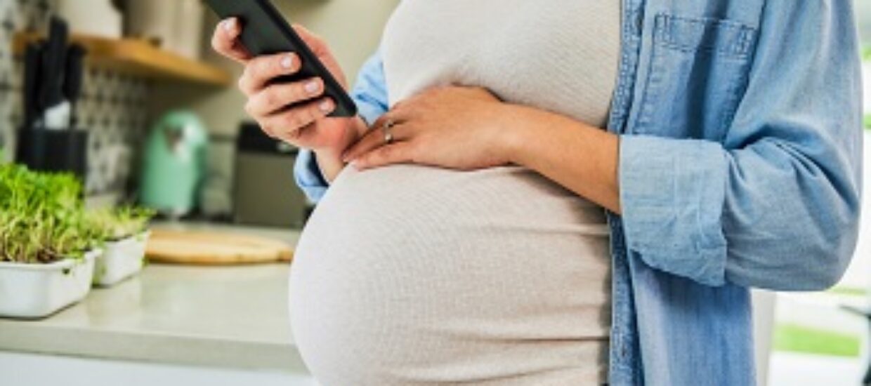 n unrecognizable pregnant woman standing alone in her kitchen and using her cellphone