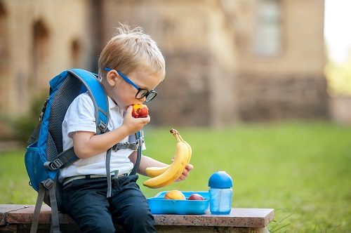 A little boy with glasses and a backpack on, eats fruit out of his school lunchbox